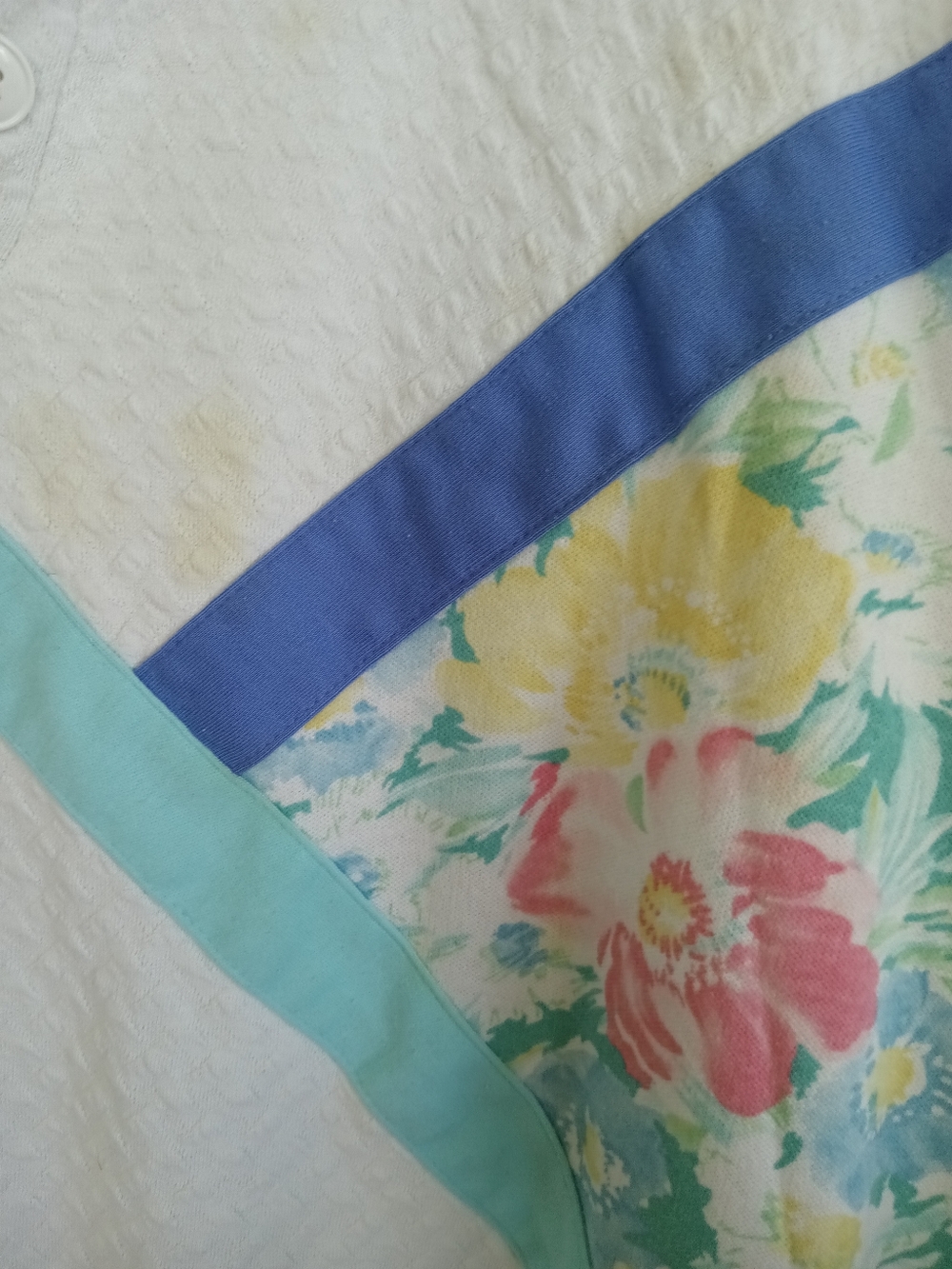 Koret White Floral Panel Colorblock Sweater Vintage Pastel Pink Blue Textured LG - Picture 8 of 12